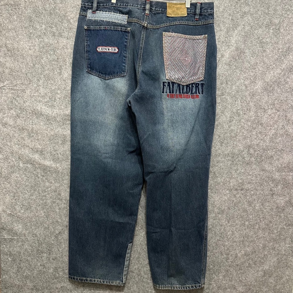 Y2K Platinum FUBU Jeans Mens‎ 42x34 Fat Albert Junkyard Gang Patchwork Baggy